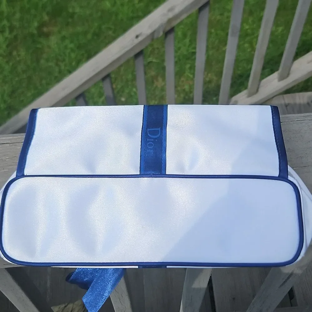 Dior Parfums Collapsible Cosmetic Bag – White & Navy Ribbon Travel Pouch